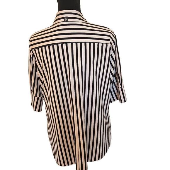 Belyn Key Womens Black White Stripe Short Sleeve Wrinkle Resistant Blouse Medium - Picture 2 of 11